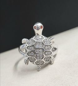 Fine Silver Ocean Guardian Turtle Ring with Sparkling Zirconias