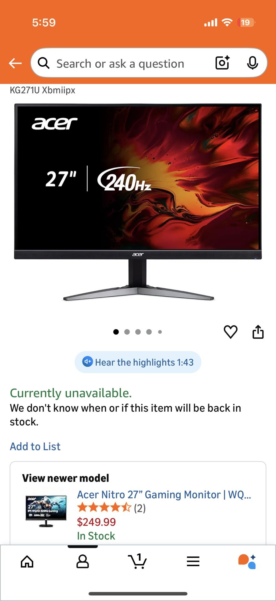 Acer Nitro 27" WQHD 2560 x 1440 PC Gaming Monitor | AMD FreeSync Premium | Up to 240Hz Refresh | Up to 0.5ms HDR350 | DCI-P3 90% | 1 x Display Port 1.