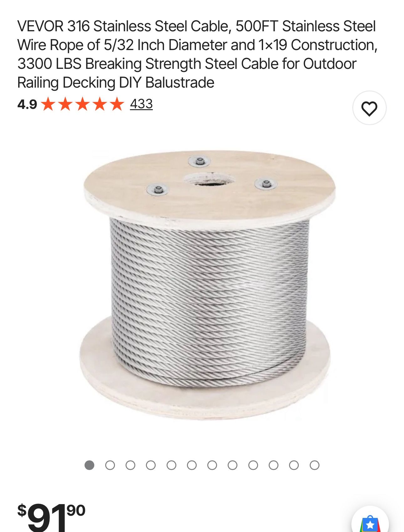 VEVOR 316 Stainless Steel Cable, 500FT