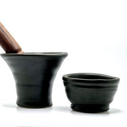 Primitive Studio Art Pottery Ceramic Stoneware Mortar Vessel & Bowl with Wood Pestle Set Signed 