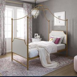 Canopy Bed / Cream colored suede - cover on headboard and footboard. 
