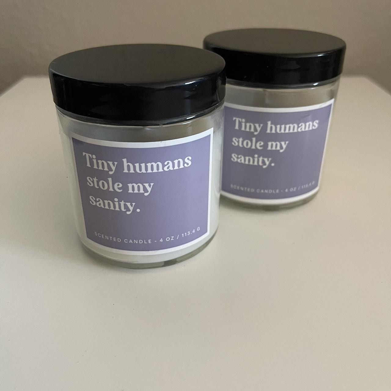 Tiny Humans Stole My Sanity, White Candle, Lavender & Driftwood Scent, 4oz Glass