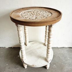 White and Natural Wood Round Accent Side Table