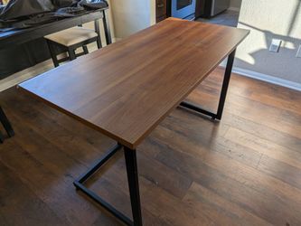 Walnut-Finish Desk / Small Dining Table – Black Metal Frame