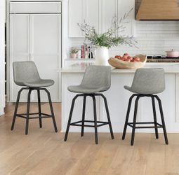 3X Gray 26” swivel faux leather barstools