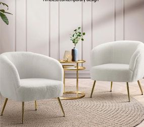 Set Of 2 - Ivory / White Teddy Upholstered Accent Barrel Chairs w/ Gold Trim [NEW IN BOX]  **Some Assembly Req**