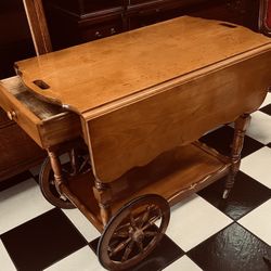 Antique Colonial Oak Wood Drop leaf Rolling Bar Cart Tea Trolley.