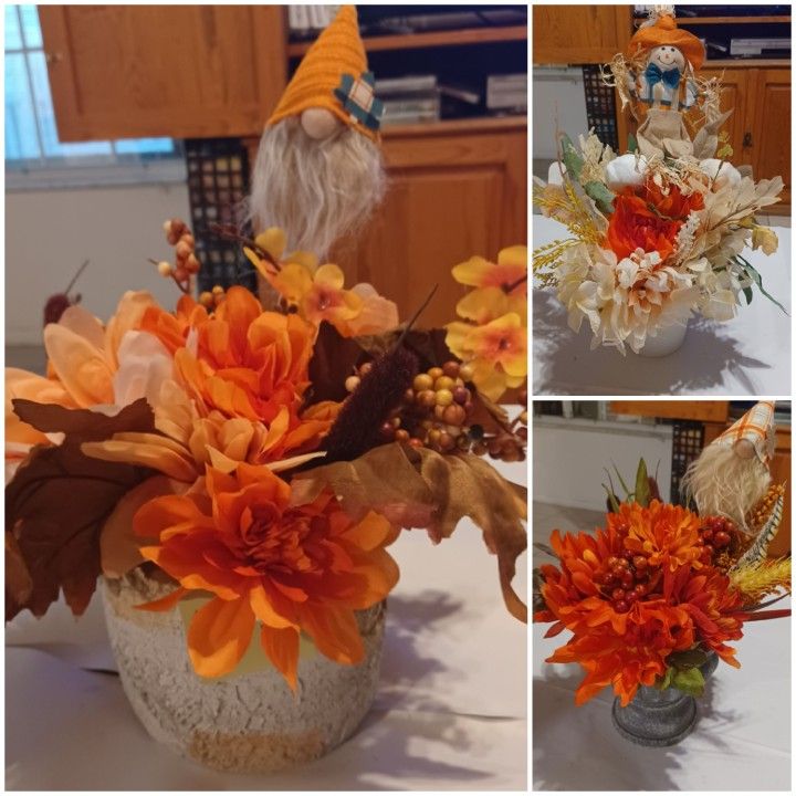 New Flower floral arrangements in pots. Large size New with tags with gnomes or scarecrows 
$10 each 
Great for fall decor, home, office, Church