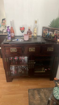 Dark Wood Bar Cabinet with Glass Doors