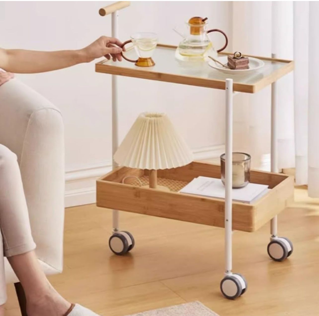 2-Tier Storage Shelves Rolling Serving Cart with Handle and Wheels, Metal & Glass Modern Utility Trolley Rack for Home Office Livingroom(Natural Color