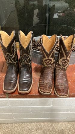 Two pair of women’s cowboy boots 9 1/2 B and 9B Cayman is one pair other pair is lizard