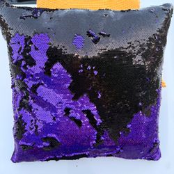 Used Orange, Purple and Black Reversible Sequin Throw Pillow Gray Back