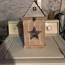Decorative Pillar Candle Holder House With Star Cutouts & Chimney Rustic