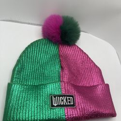 Wicked Beanie Hat Pom Pom Metallic Pink Green Two-Tone Adult Size NEW  