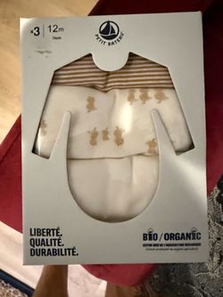 Petit Bateau Organic Cotton Bodysuits 3-Pack 12m Striped Animal Print