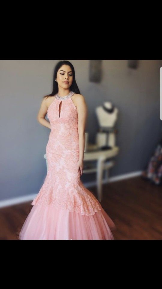Mermaid Lace And Tulle Peach Prom Dress