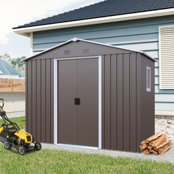 8ft x 4ft Outdoor Metal Storage Shed With window and metal foundation,Gray(W54071037)