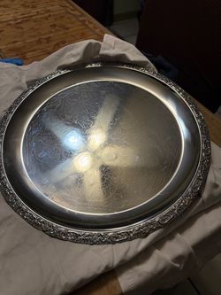 Silver-Tone Round Serving Tray with Engraved Detail