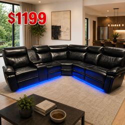 Black modern power reclining sectional sofa with led lighting