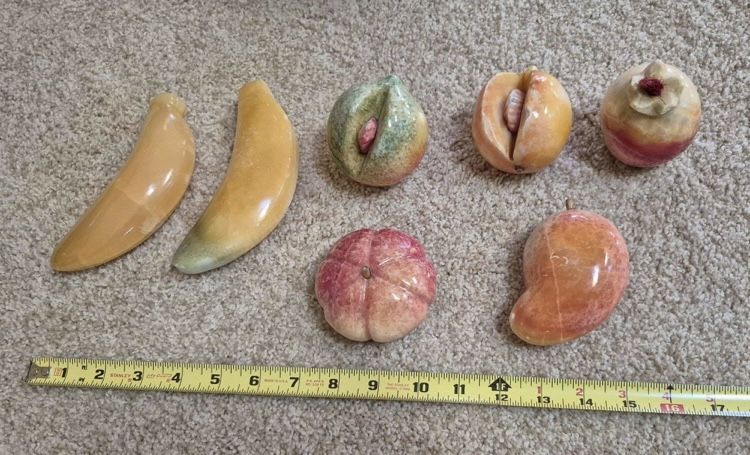 Vintage Seven Piece Alabaster Stone Fruit Set 1970s with Pewter Dish (Johnstown Ohio)