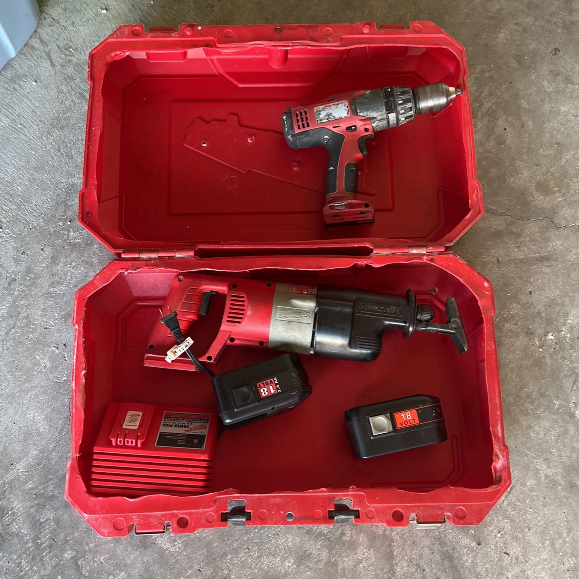 Milwaukee Heavy Duty Sawzall 18v /Milwaukee Hammer Drill 18v With 2 Battery Charger And Box
