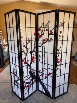 MOVING SALE - Black & red Japanese 4-Panel Screen Room Divider Folding Wall, Plum Blossom
