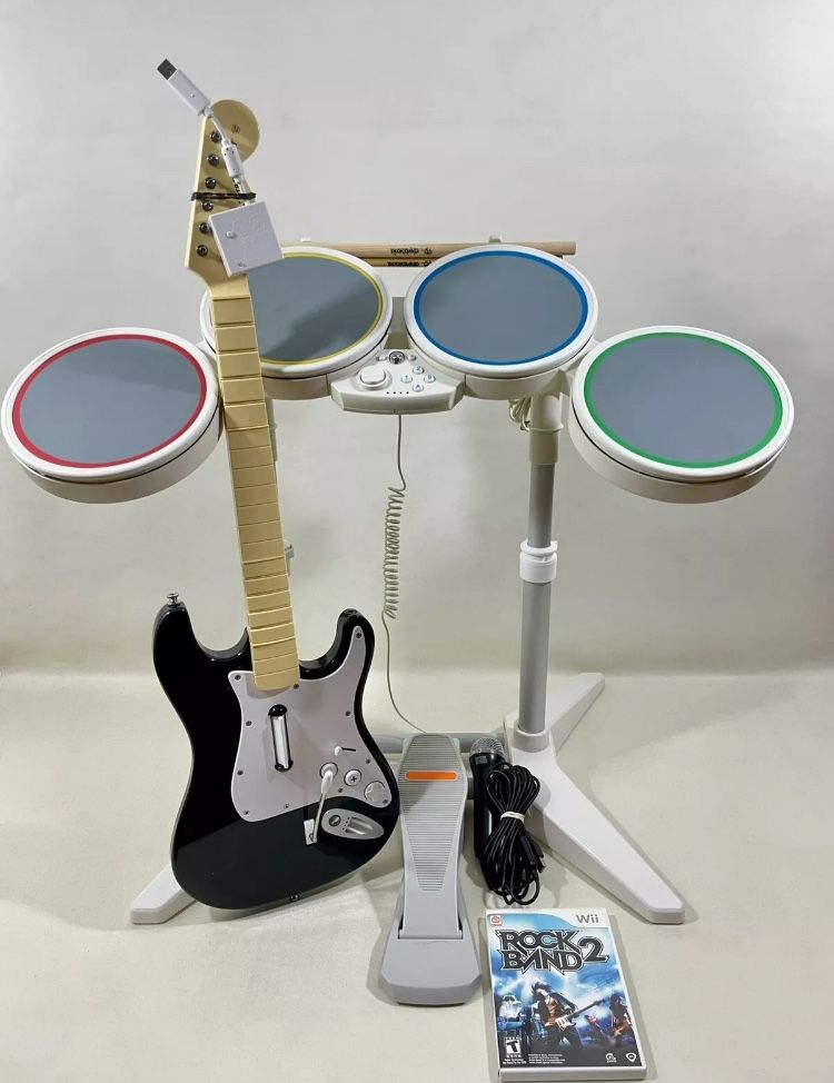 Nintendo Wii Rock Band Bundle, Drums, Guitar, Game, Mic