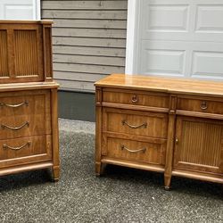 Vintage Solid Wood Dresser Set – Burl Accents, Fluted Doors