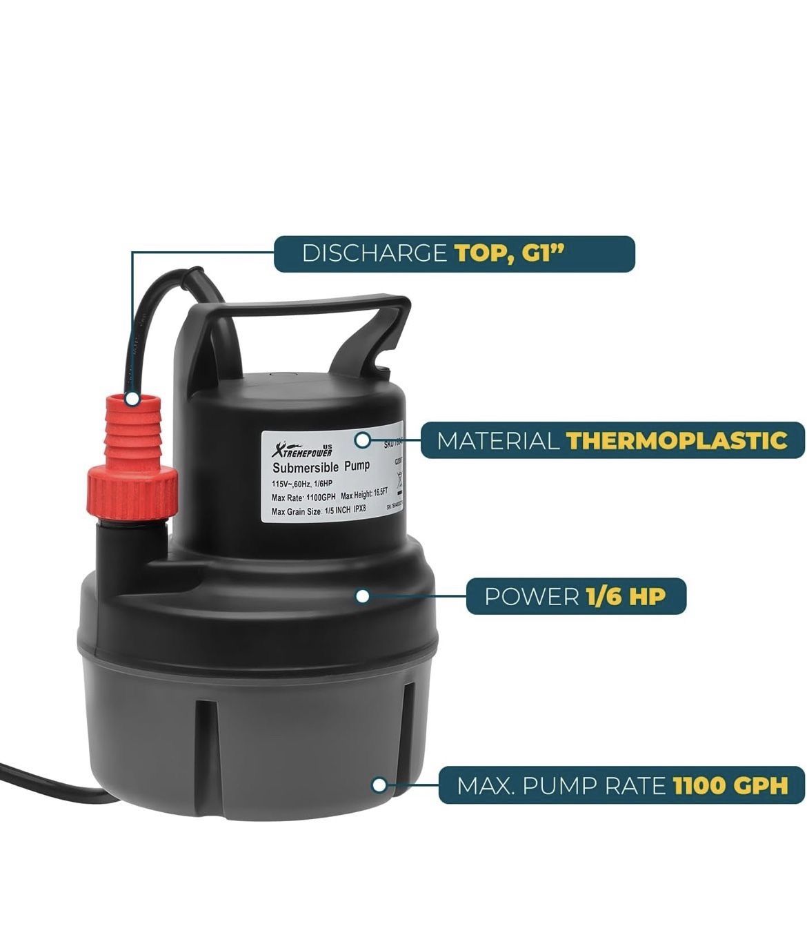 XtremepowerUS 1/6HP Submersible Water Utility Pump, 1100 GPH Portable Sump Pump for Pool Draining, Pool Cover Pump 10 FT Cord for Basements, Pool, Fou
