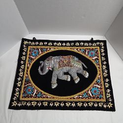 Zardozi Royal Elephant Embroidered and Jeweled Tapestry 3D Wall Art 24x18"
