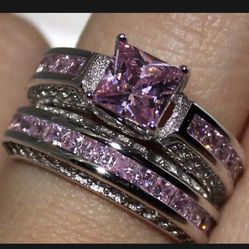 Sterling Silver 925 Pink And White Sapphire Engagement Wedding Ring Bridal Set 