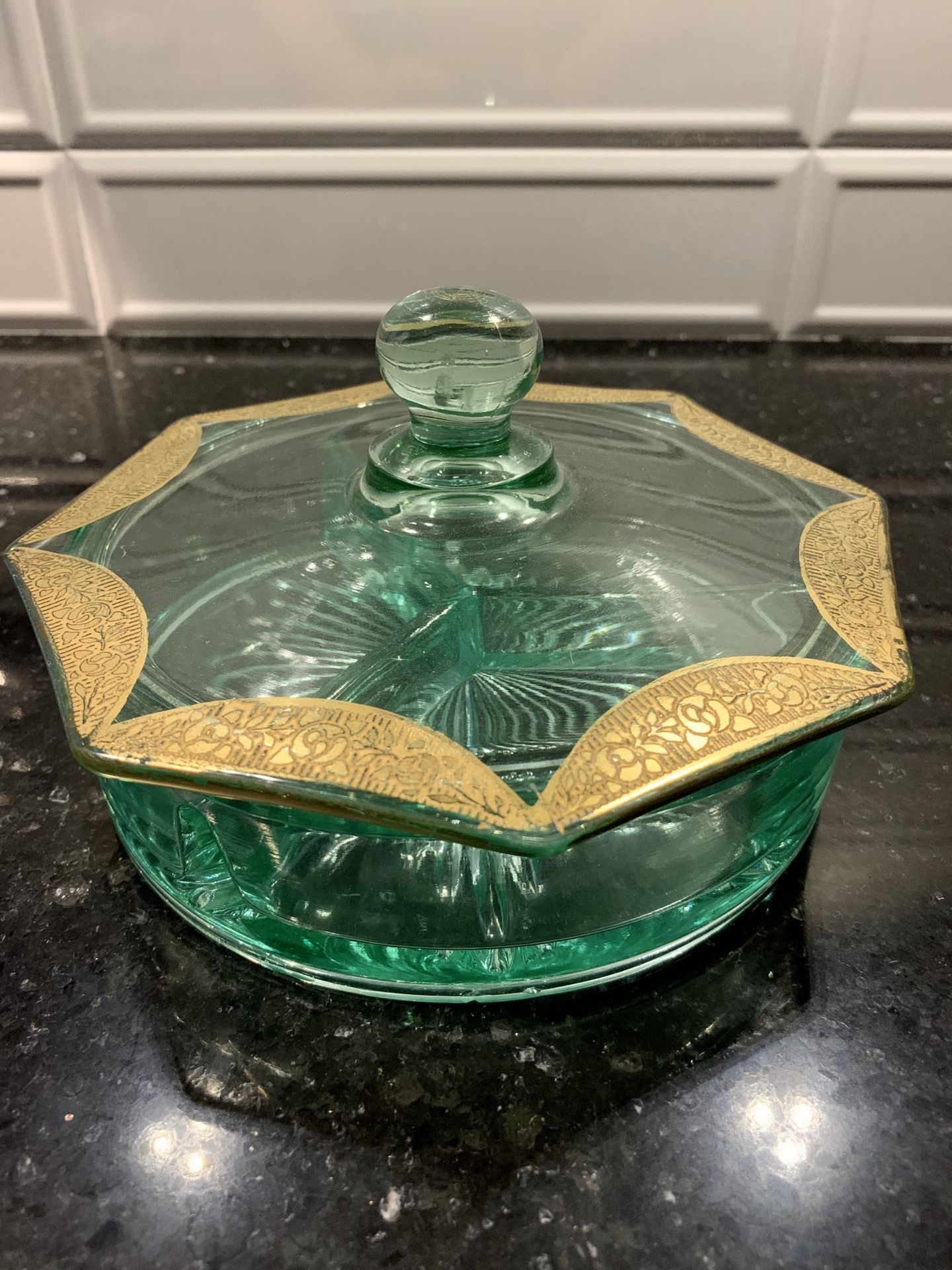 Antique green glass candy dish with inlaid gold lid for Sale in Olympia