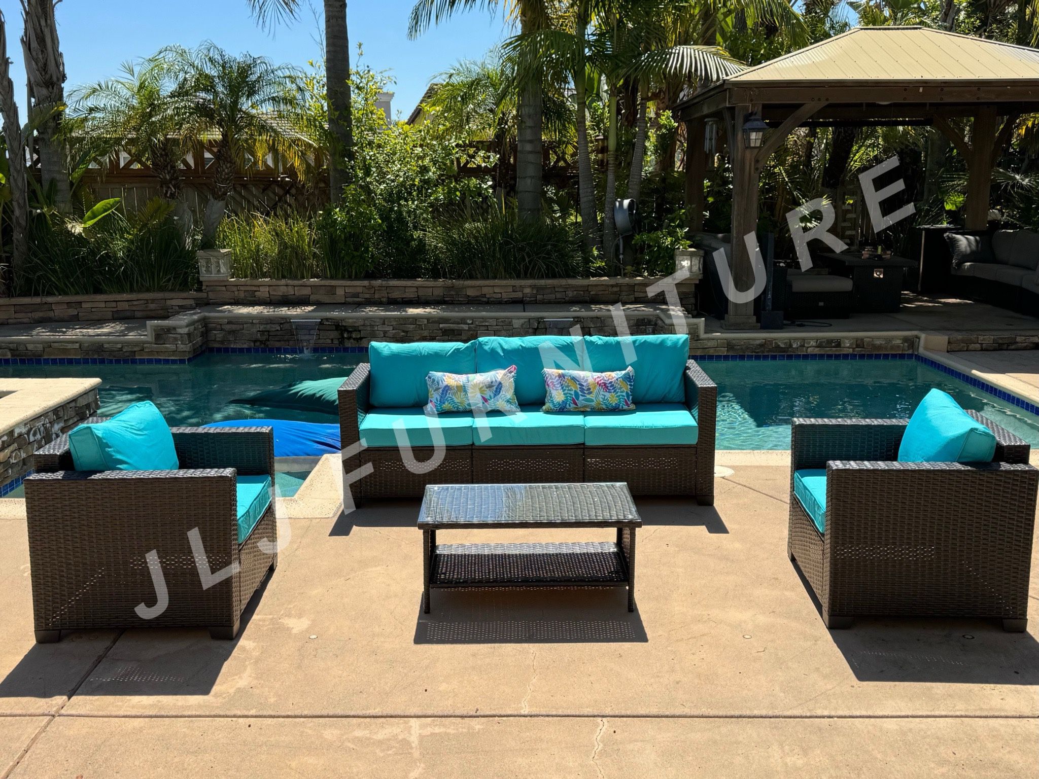 NEW🔥Outdoor Patio Furniture 4 Pc Brown Wicker Turquoise Cushions Conversation Set ASSEMBLED