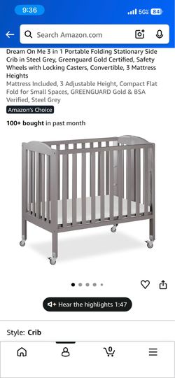 Dream On Me 3 in 1 Portable Folding Stationary Side Crib in Steel Grey
