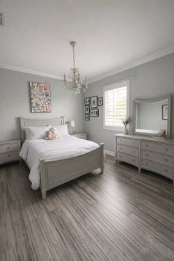Elegant grey Bedroom Set – Bed Frame, Dresser, Mirror & Nightstand