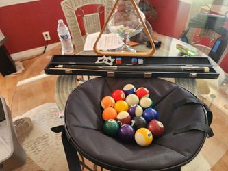 He said a pool balls pool cue stick with vinyl carrying case wood racking