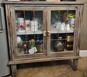 Rustic Distressed Wood Glass Door Cabinet