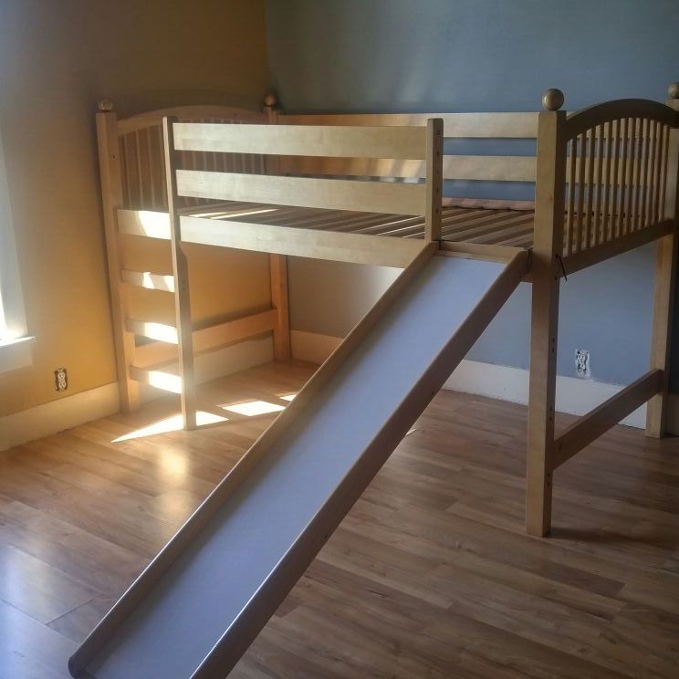 PJ Kids Natural Wood Loft Bed with Removable Slide