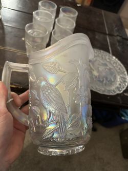 Antique Imperial Carnival Glass pitcher, Glasses And Plate