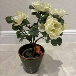 Artificial Cream Rose Plant in Green Ceramic Pot – Home Décor