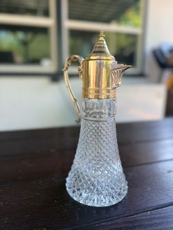 Vintage Cut Glass and Brass Claret Jug Decanter