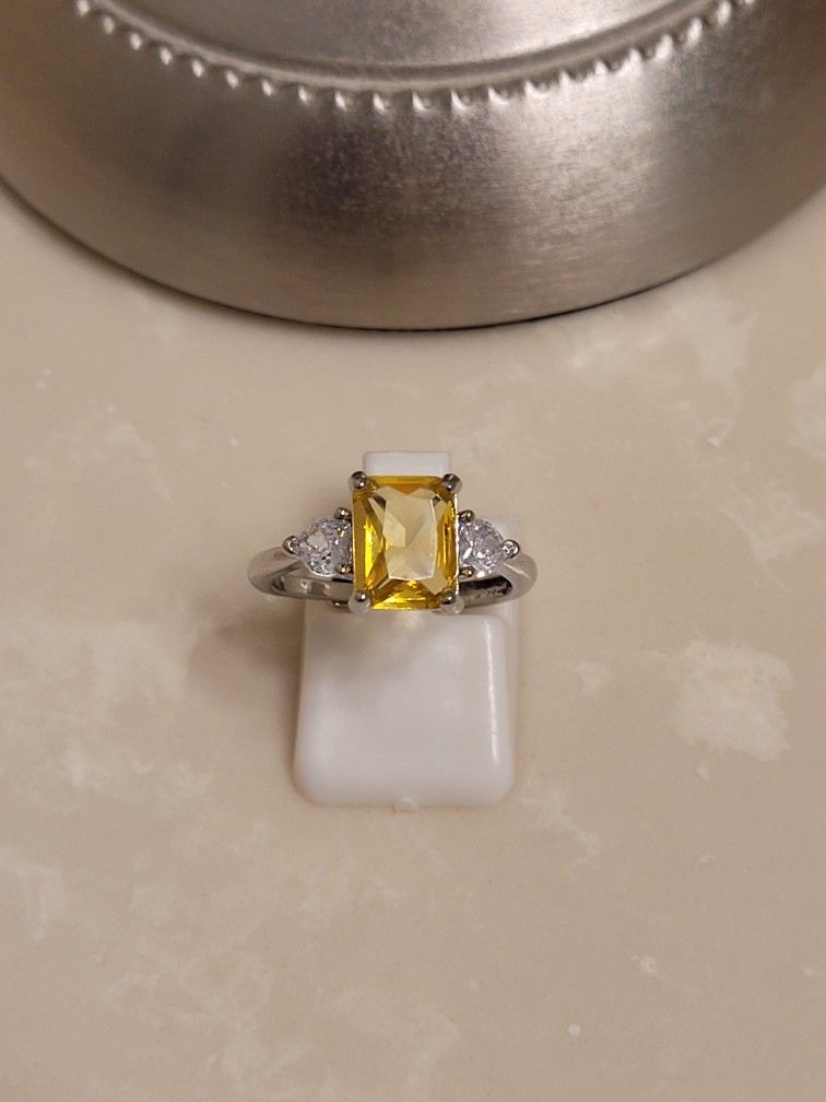Silver CZ and Citrine Ring Size 6
