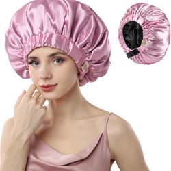 Silk Bonnet for Sleeping Women, Double Layer Satin, Ajustable Elasticity Band， Hair Satin Bonnet for Sleeping - Sleep Shower Caps (Pink, One Size)( pl