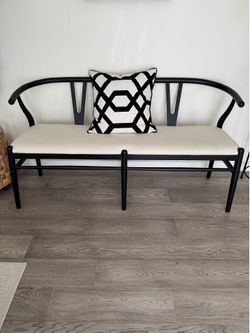 Neutral Upholstered Matte Black Wooden Bench