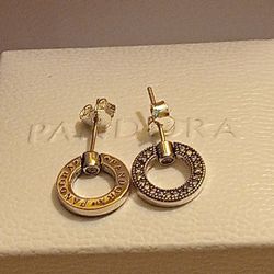 Pandora Authentic Brand New Sterling Silver Pave & Signature Reversible Stud Earrings 