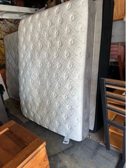 Newer premium 12” Englander queen mattress $150, thin 5” box spring $60, metal bed  frame $35