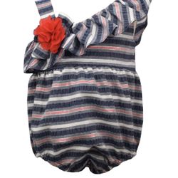 Infant striped blue pink and white onesie bodysuit for baby girl with red flower