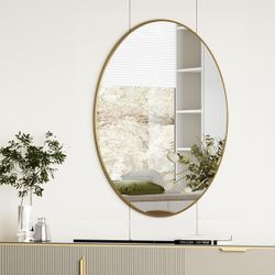 Koonmi Gold Oval Bathroom Mirror, 24"X32" Bathroom Vanity Mirror, Oval Mirror For Bedroom Living Room Entryway, Hangs Horizontal Or Vertical