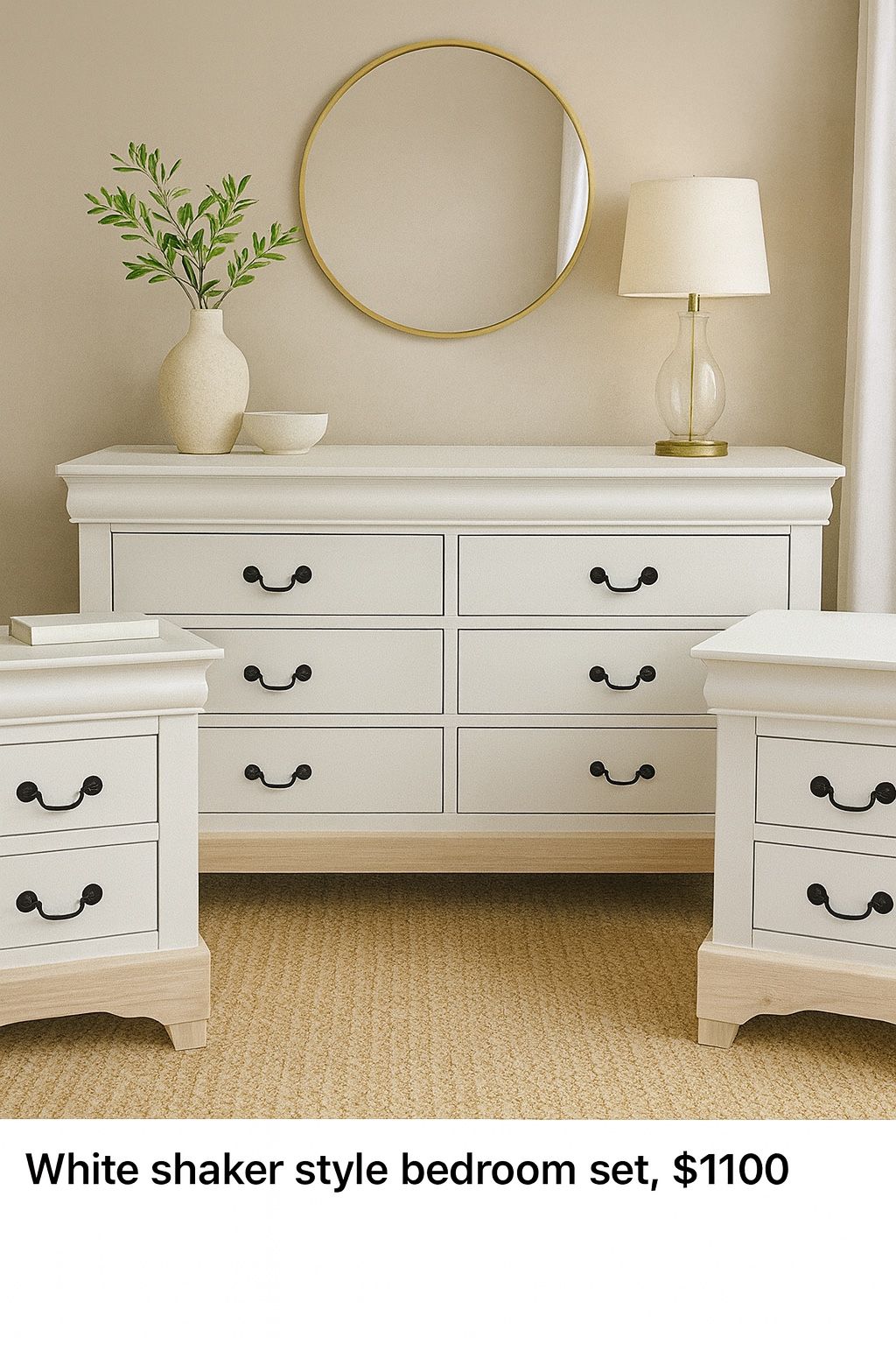 Off White Shaker Bedroom Set - Dresser + 2 Nightstands