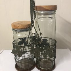 Glass Canister Set With Metal Holder 